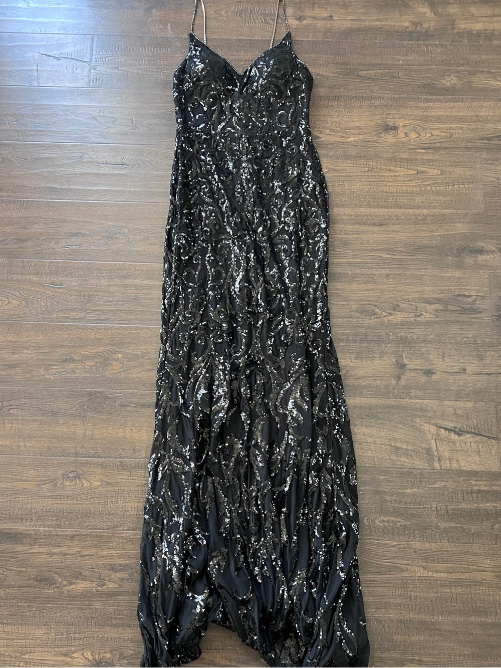 Fashion Nova Black Sequin Spaghetti-Strap Prom Dress